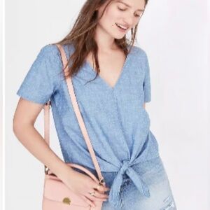 Women's Madewell Chambray Novel Tie-Front Top V neck Short Sleeve Top Size M